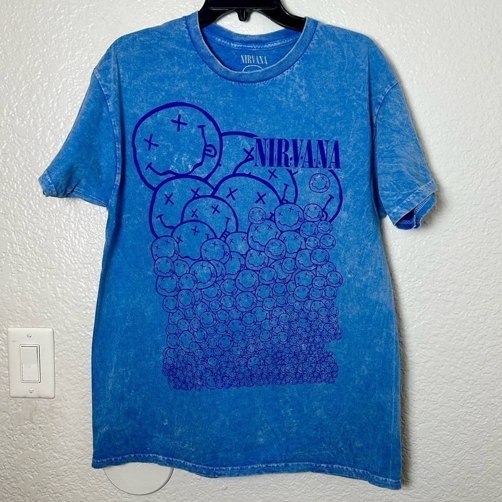 Nirvana Blue Smiley Face Graphic T-Shirt Acid Wash